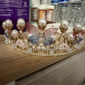 Gold Butterfly Pearl Tiara - Pink Blue Accent
